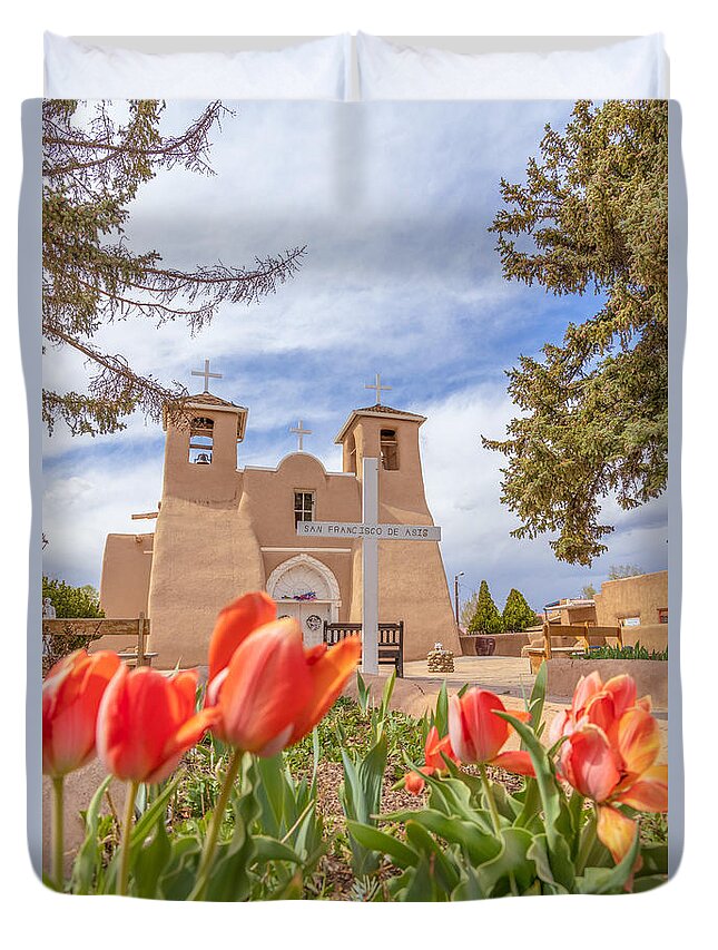  Duvet Cover featuring the photograph Spring Tulips with St Francis de Asis Church by Elijah Rael