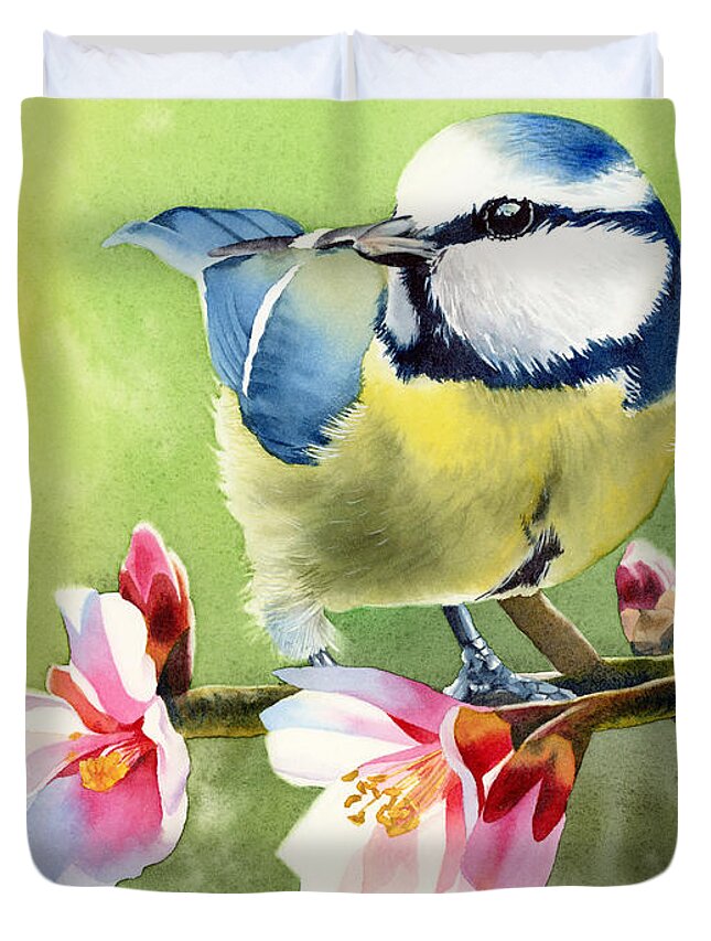Blue Tit Duvet Cover featuring the painting Spring Twittering by Espero Art