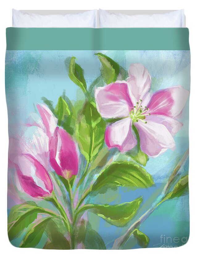 Apple Duvet Cover featuring the mixed media Springtime Apple Blossoms by Shari Warren