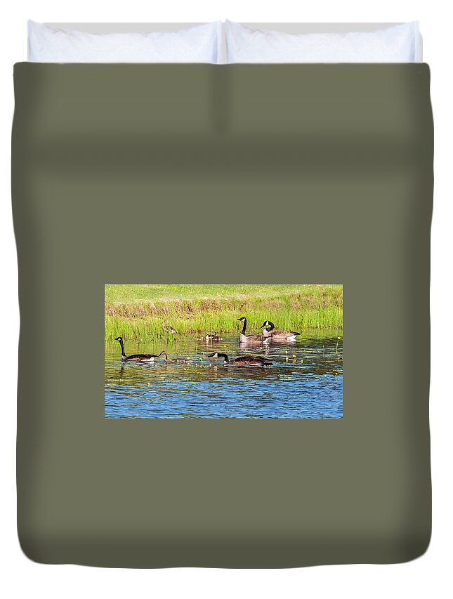 Geese Duvet Cover featuring the photograph Springtime At The Pond by Cathy Kovarik