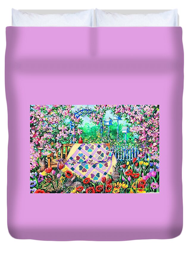Garden Bench Duvet Cover featuring the painting Springtime Hearts and Flowers by Diane Phalen