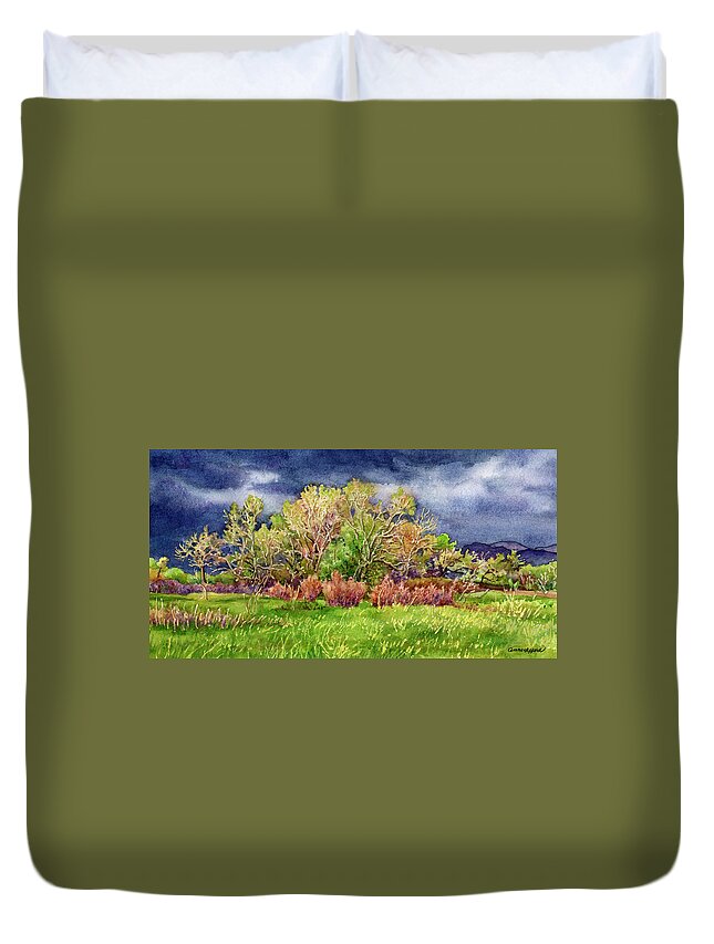 Stormy Sky Painting Duvet Cover featuring the painting Springtime Stormy Sky by Anne Gifford