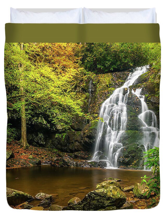 Appalachian Mountains Duvet Cover featuring the photograph Spruce Flats Falls Autumn Full View by Kenneth Everett