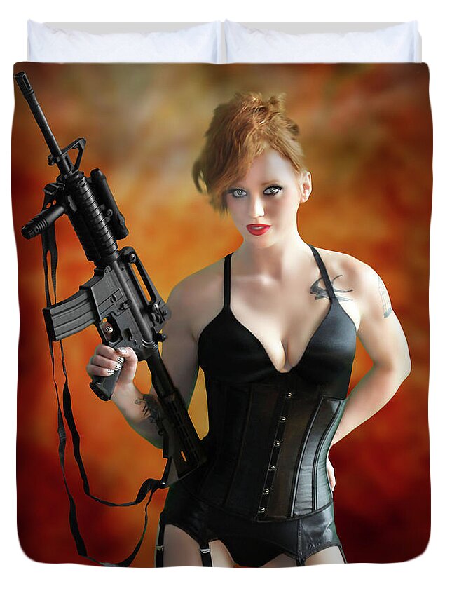 Cosplay Duvet Cover featuring the photograph Spy in Lingerie with M16 by Jon Volden