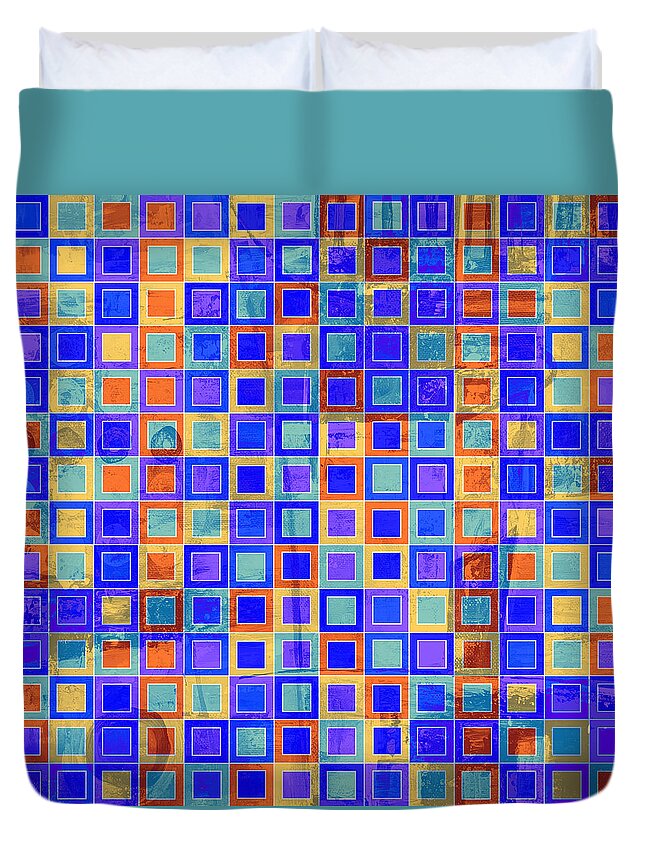 Art With Squares Duvet Cover featuring the digital art SQUARE MELONS Purple Orange Abstract Squares by Lynnie Lang