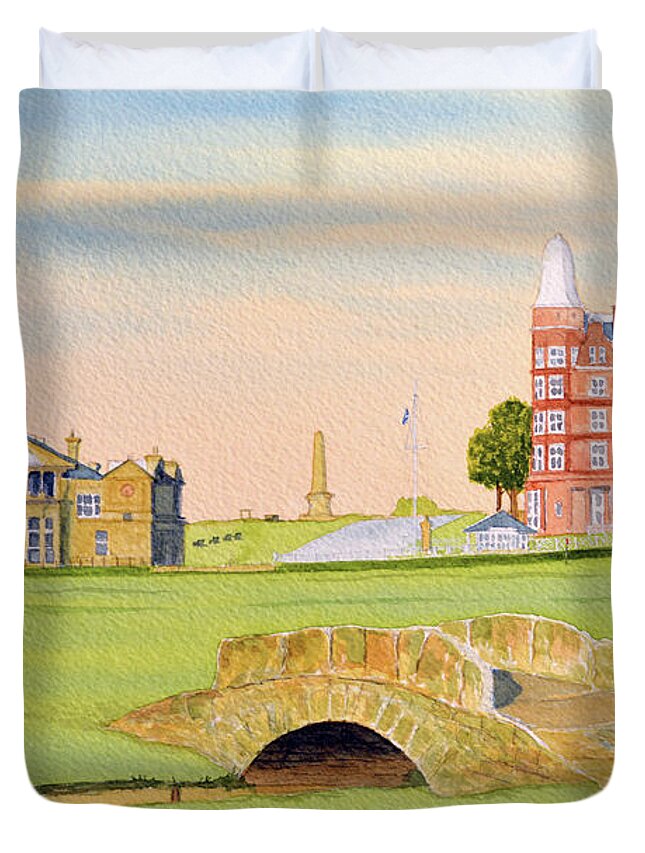 Golf Course Paintings Duvet Cover featuring the painting A golf course in Scotland. by Bill Holkham