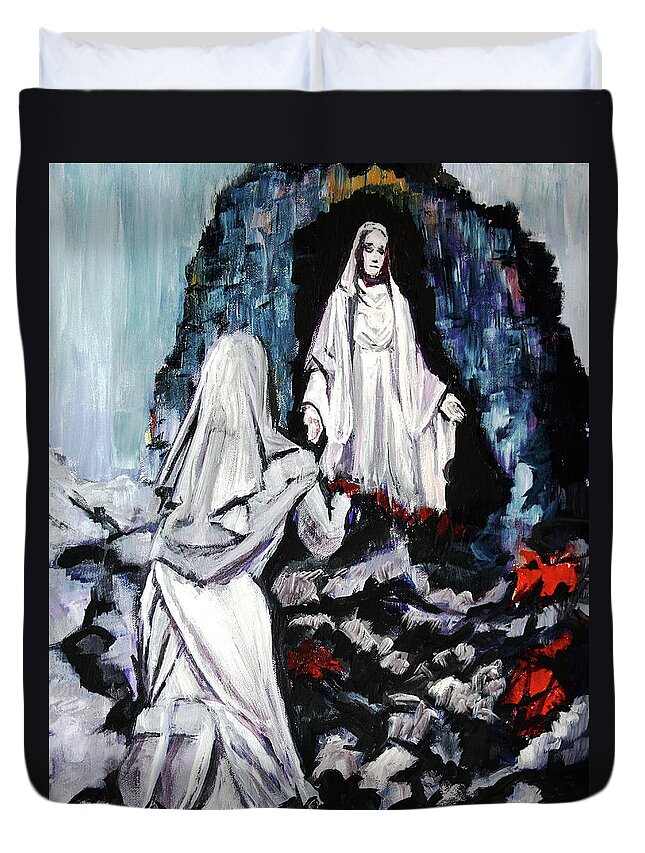 Saint Duvet Cover featuring the painting St Bernadette at the Grotto by Frank Botello