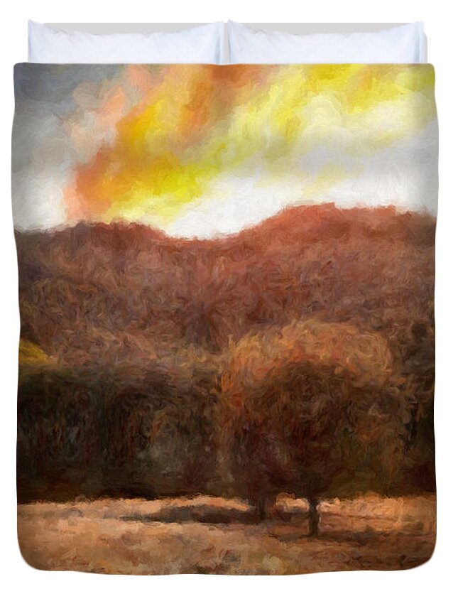  Landscape Duvet Cover featuring the painting St. Joseph's Fire, Santa Cruz Mountains, California by Trask Ferrero