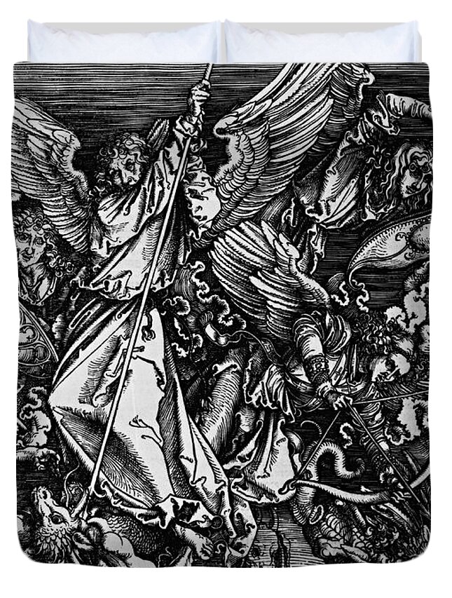 Albrecht Durer Duvet Cover featuring the drawing St Michael Fighting the Dragon Apocalypsis cum Figuris 1511 by Peter Ogden