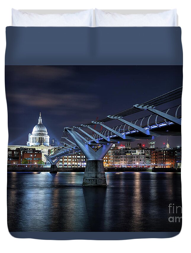 London Duvet Cover featuring the photograph St Paul's Cathedral and the Millennium Bridge at night by Jane Rix