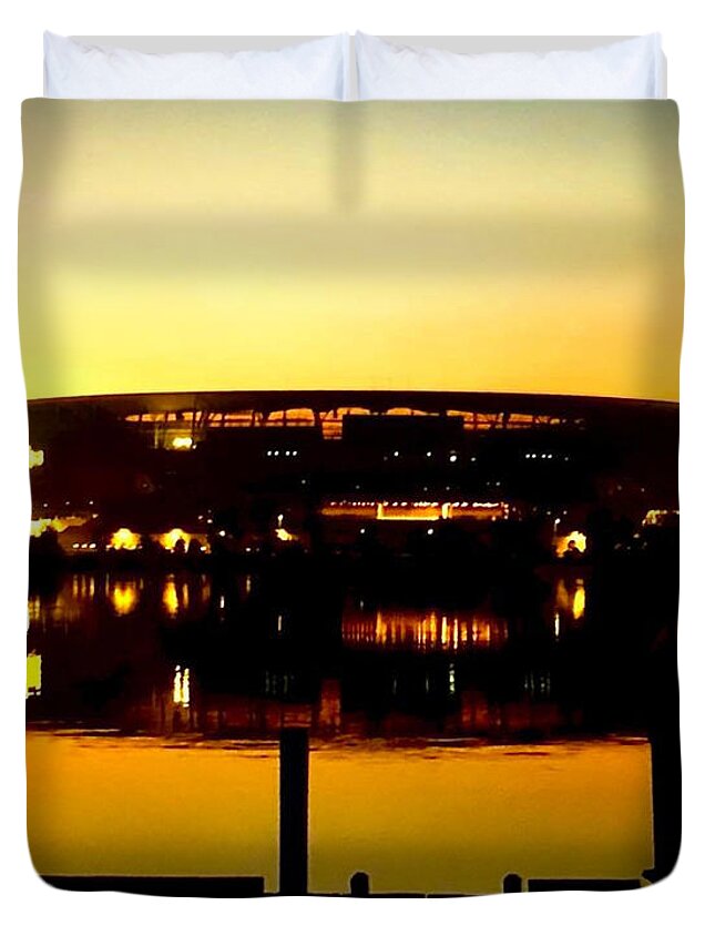 Sports Stadium Duvet Cover featuring the photograph Stadium At Dawn by World Art Collective