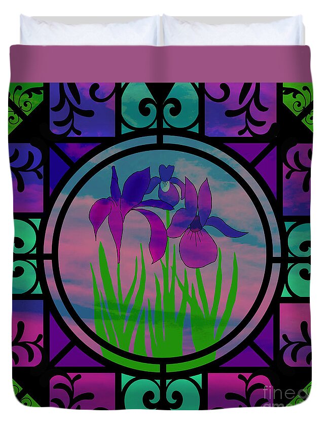 Irises Duvet Cover featuring the mixed media Stained Glass Irises by Diamante Lavendar