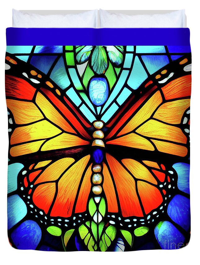 Stained Glass Monarch Duvet Cover featuring the glass art Stained Glass Monarch by Tina LeCour