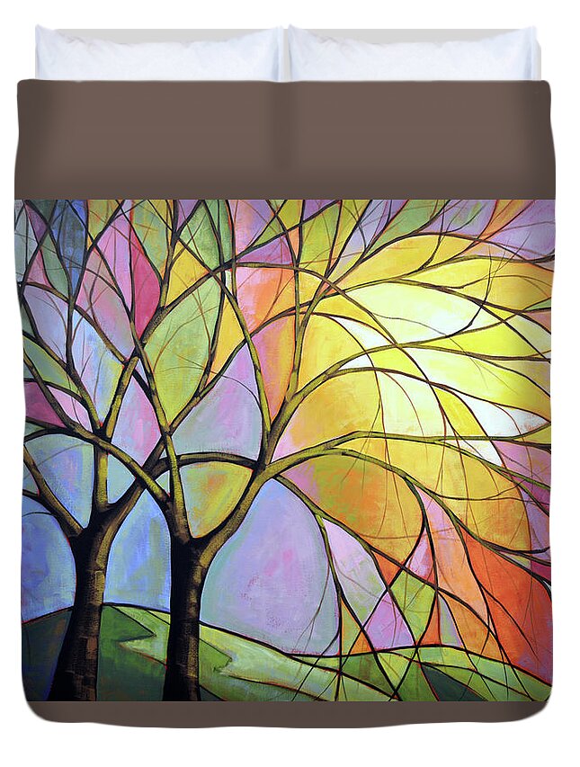 Tree Art Duvet Cover featuring the painting Stained Glass Sunset by Amy Giacomelli