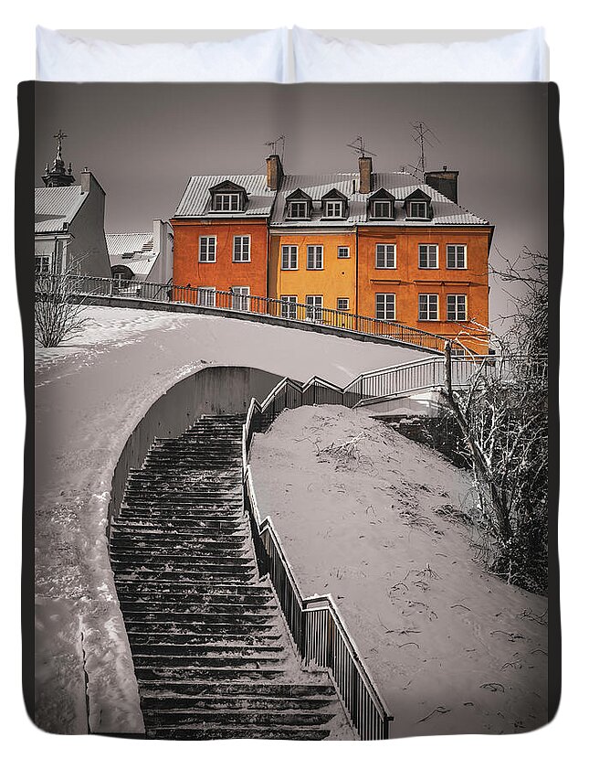 Warsaw Duvet Cover featuring the photograph Stairs And Old Town Houses In Winter by Artur Bogacki