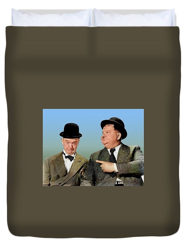 Stan Duvet Cover featuring the photograph Stan Laurel and Oliver Hardy by Stars on Art