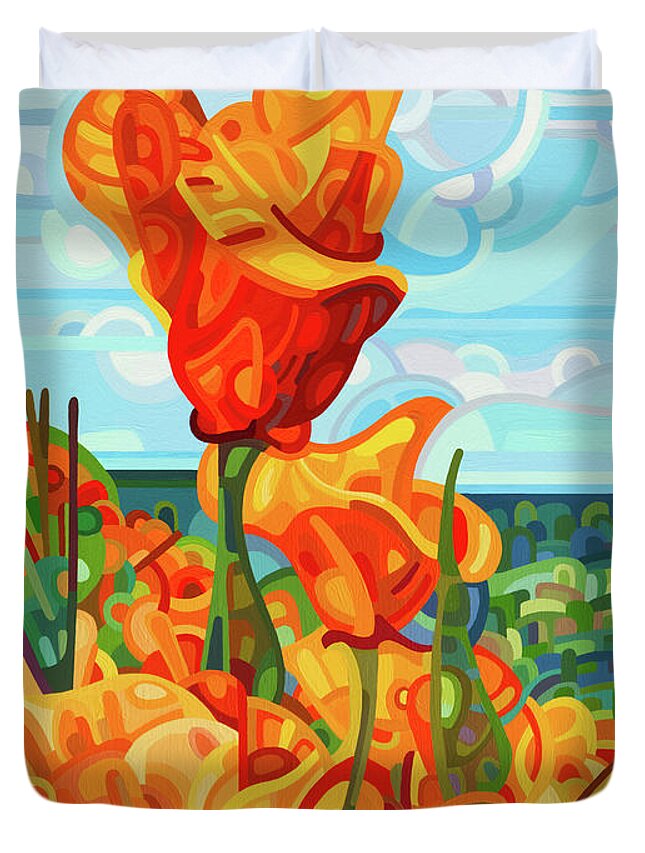 Red Orange Poppies Duvet Cover featuring the painting Standing Tall by Mandy Budan