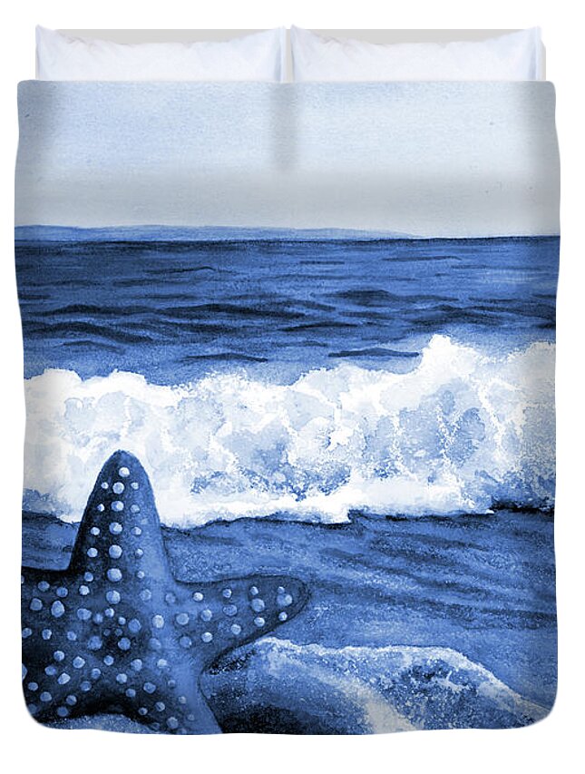 Starfish Duvet Cover featuring the painting Starfish and Sea Wave in Blue by Hailey E Herrera