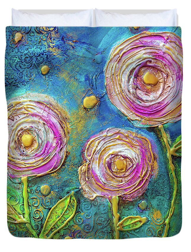Starry Night Duvet Cover featuring the mixed media Starry Floral Night by Joanne Herrmann