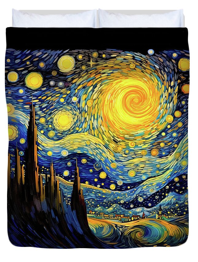 Starry Night Duvet Cover featuring the digital art Starry Night Blue and Gold 02 by Matthias Hauser