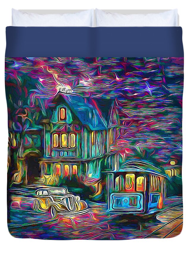 Paint Duvet Cover featuring the painting Starry night in old street by Nenad Vasic