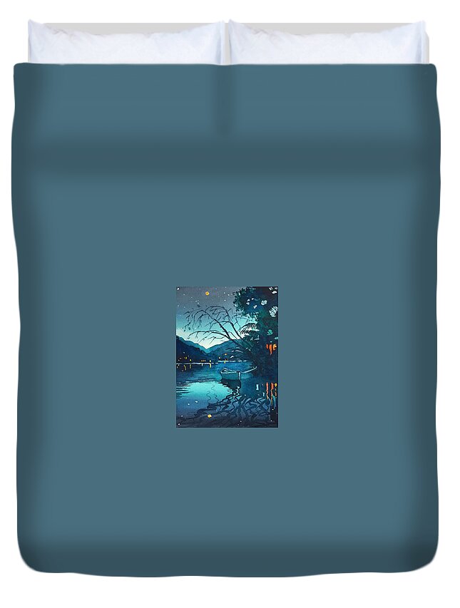 Night Duvet Cover featuring the painting Starry Night over the lake by Luisa Millicent
