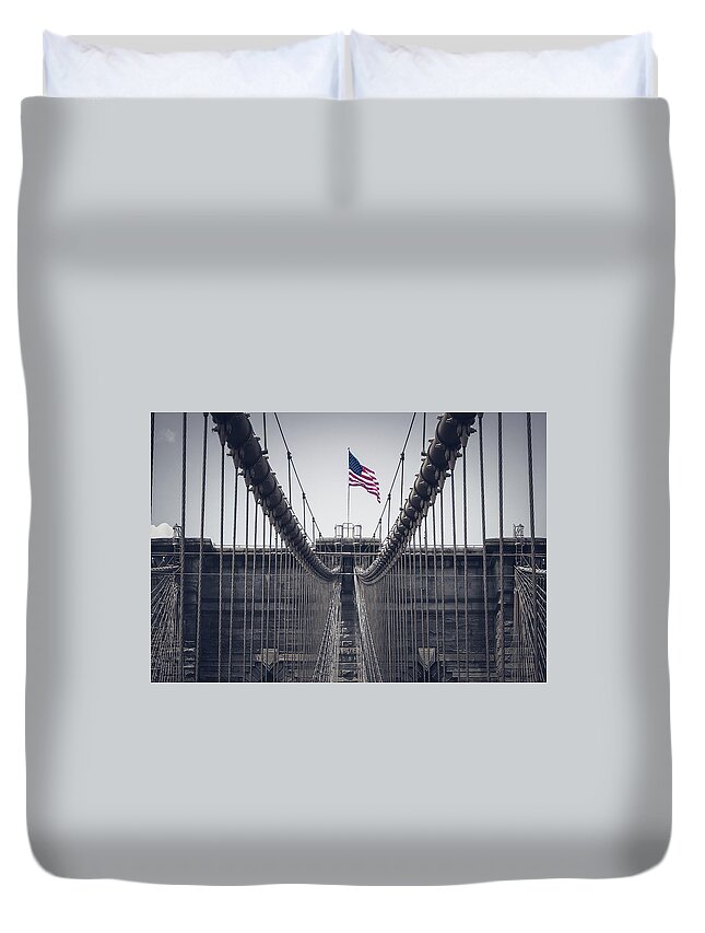 America Duvet Cover featuring the photograph Stars and stripes above Brooklyn bridge by Jean-Luc Farges
