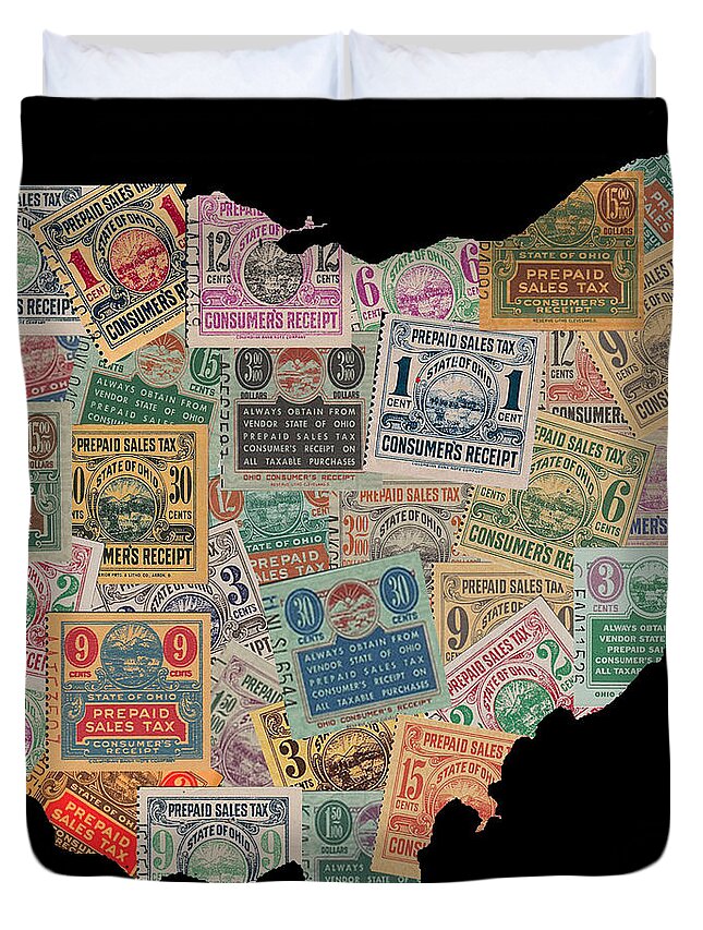 Ohio State Duvet Cover featuring the mixed media State of Ohio Sales Tax Stamps on Black Background by Pheasant Run Gallery