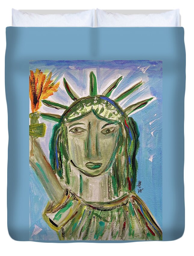 Statue Duvet Cover featuring the painting Statue of Liberty by Mary Carol Williams