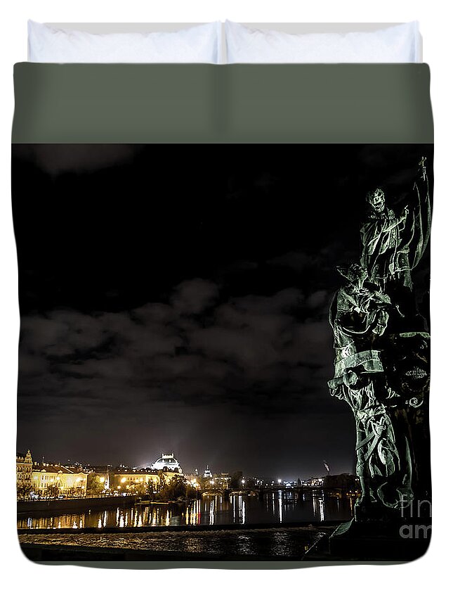 Ancient Duvet Cover featuring the photograph Statue On Charles Bridge And Illuminated Buildings In Prague In The Czech Republic by Andreas Berthold