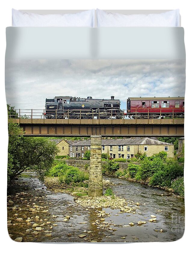 Water Duvet Cover featuring the photograph Steam train on Brooksbottom Viaduct. by David Birchall