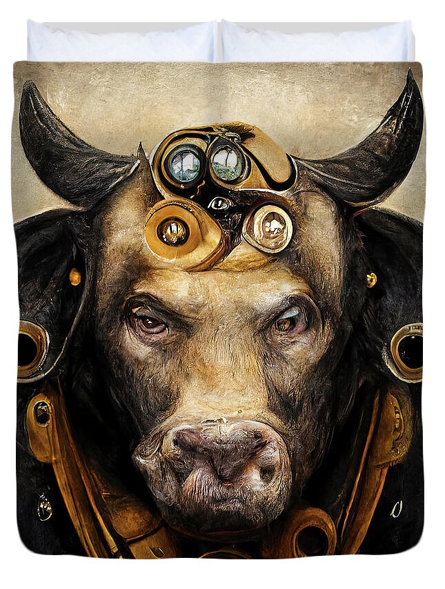 Bull Duvet Cover featuring the digital art Steampunk Animal 08 Bull Portrait by Matthias Hauser