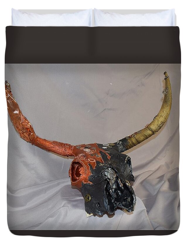 Steampunk Duvet Cover featuring the mixed media Steampunk skull by Charla Van Vlack