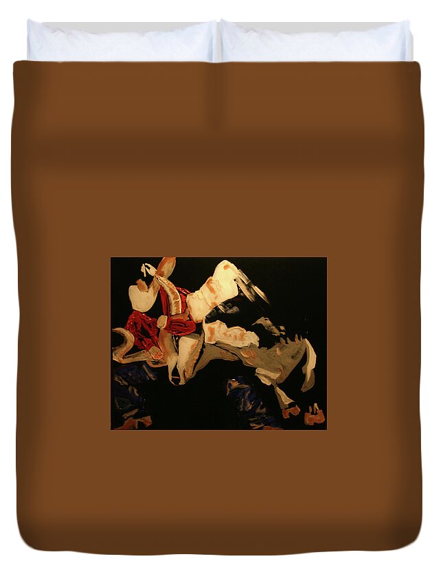 Cowboy Duvet Cover featuring the painting Steer Wrestler by Marilyn Quigley