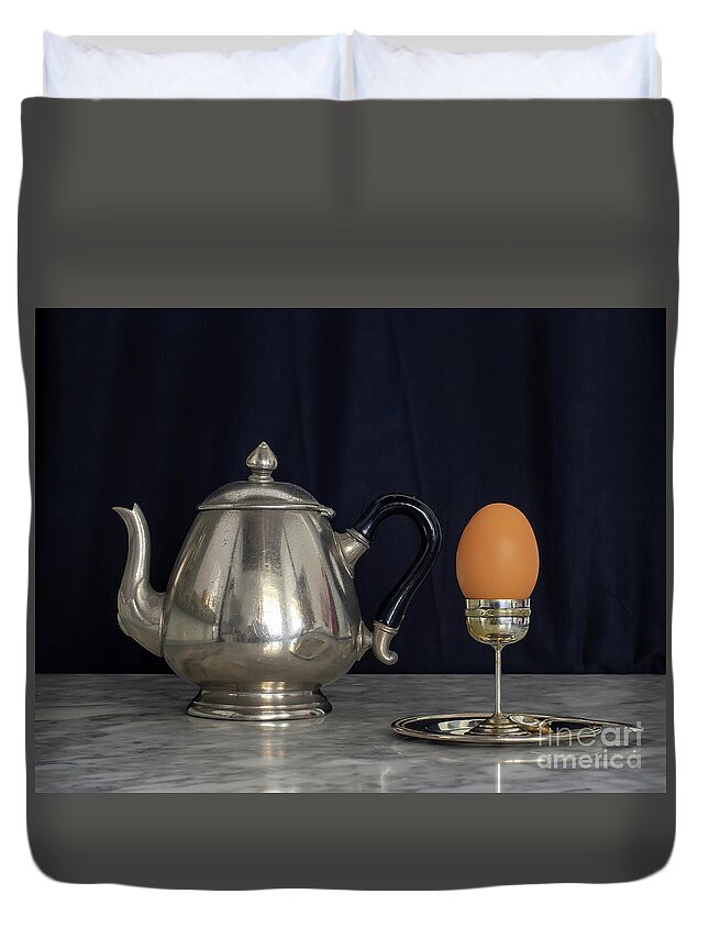 Patina Duvet Cover featuring the photograph Sterling Silver Eggcup and Teapot Black Background Still Life by Pablo Avanzini