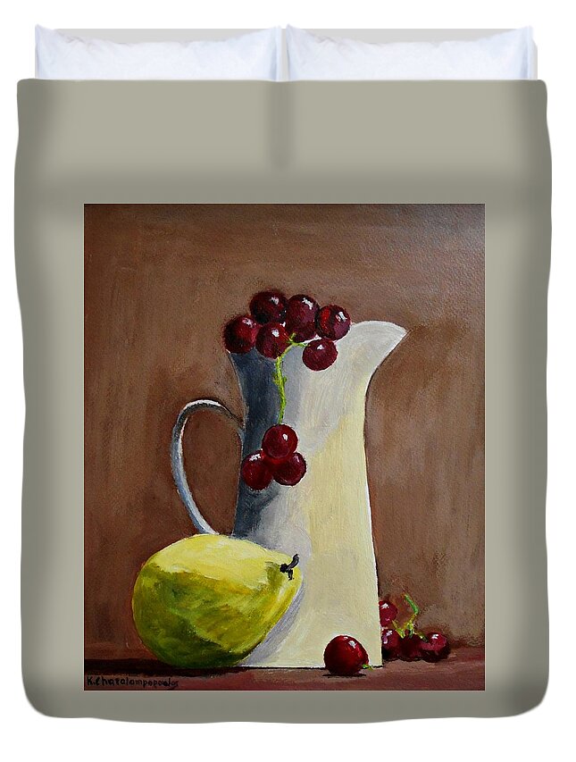 Still Life Duvet Cover featuring the painting Still life with grapes and lemon by Konstantinos Charalampopoulos