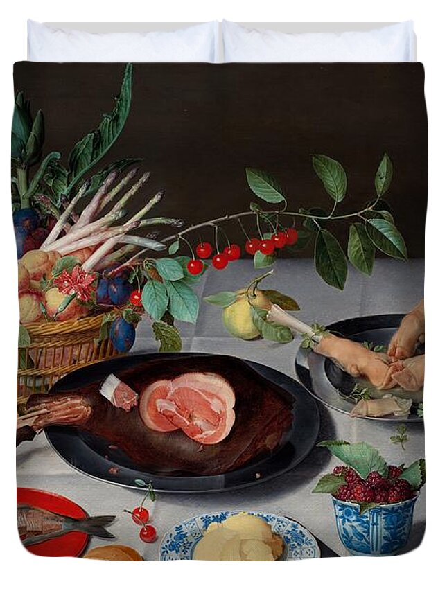 Painting Duvet Cover featuring the painting Still Life With Meat, Fish, Vegetables, And Fruit by Mountain Dreams