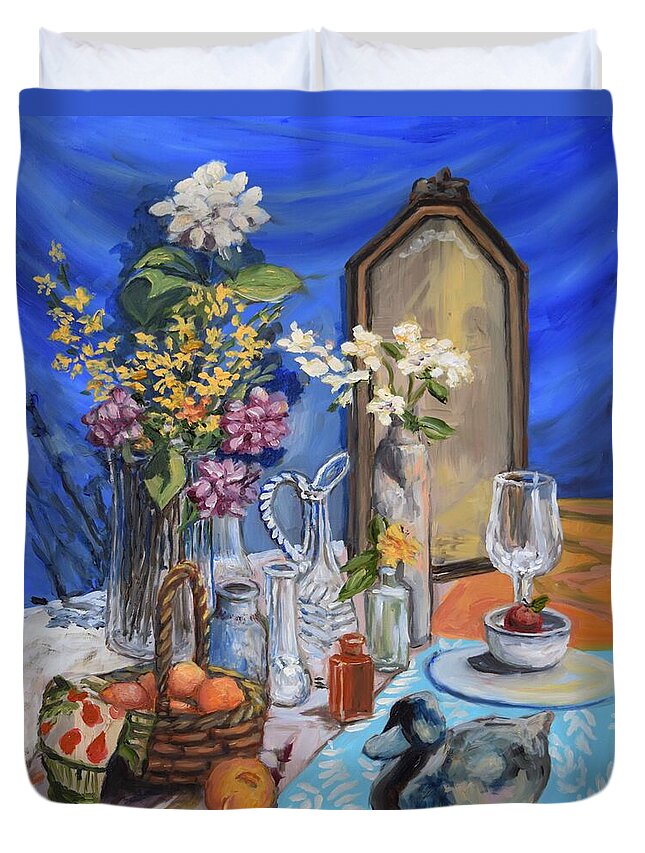 Still Life Duvet Cover featuring the painting Still Life With Mirror by Eileen Patten Oliver