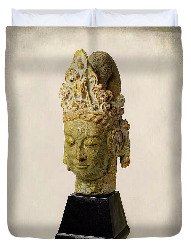 Sculpture Duvet Cover featuring the photograph White Tara Bodhisattva head by David Smith