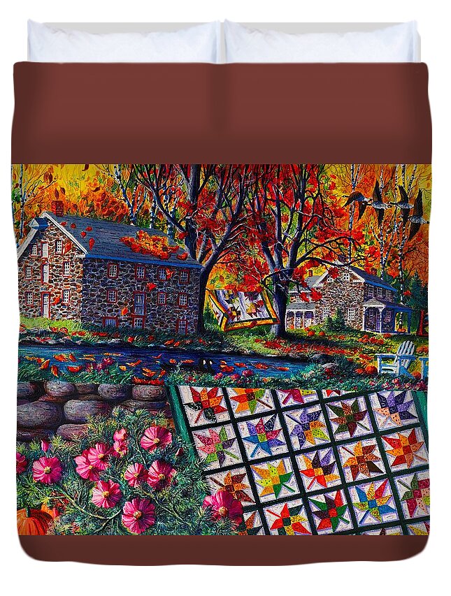 Landscape Of Stone Mill Autumn Crossing Duvet Cover featuring the painting Stone Mill Autumn Crossing by Diane Phalen