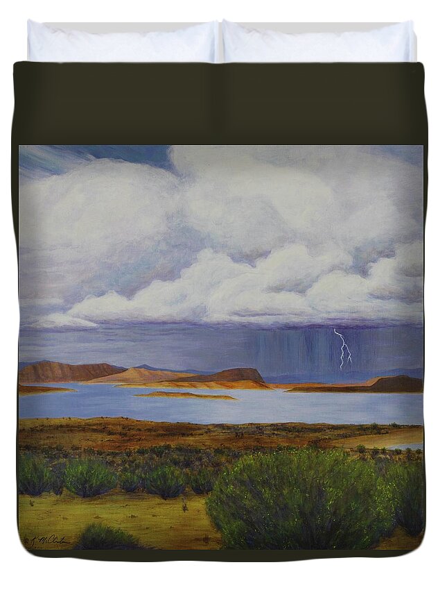 Kim Mcclinton Duvet Cover featuring the painting Storm at Lake Powell- center panel of three by Kim McClinton