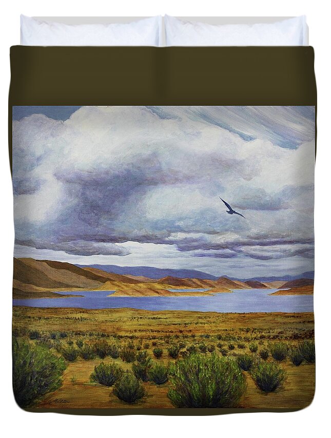 Kim Mcclinton Duvet Cover featuring the painting Storm at Lake Powell- left panel of three by Kim McClinton