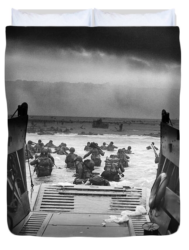 D Day Duvet Cover featuring the painting Storming The Beach On D-Day by War Is Hell Store