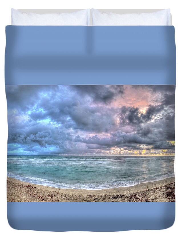 Beach Duvet Cover featuring the photograph Stormy Beach Sunrise by Carolyn Hutchins