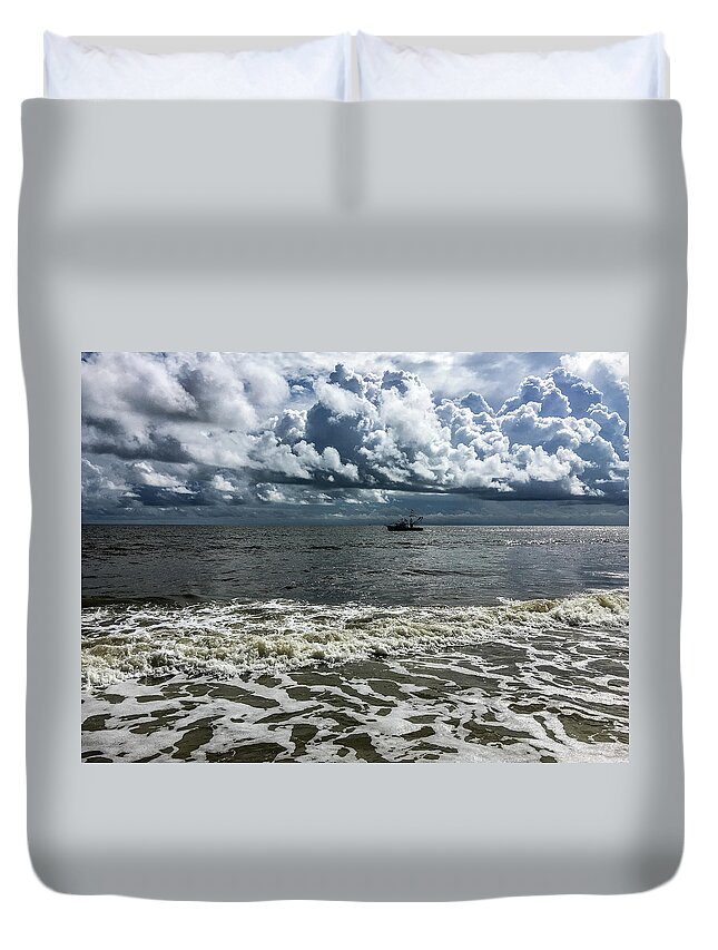 Ocean Duvet Cover featuring the photograph Stormy Boat by David Beechum