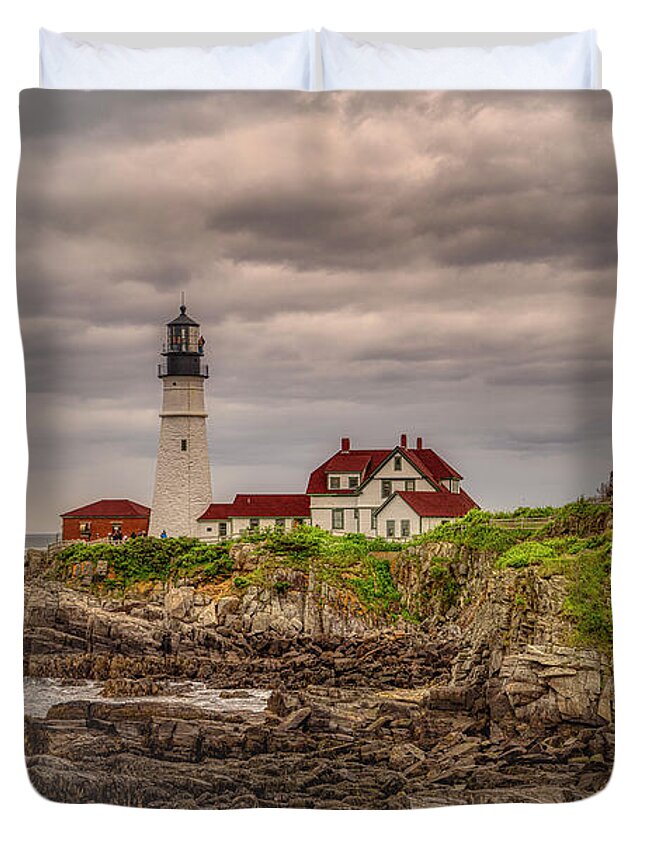 Portland Head Light Duvet Cover featuring the photograph Stormy Skies at Portland Head Light by Penny Polakoff
