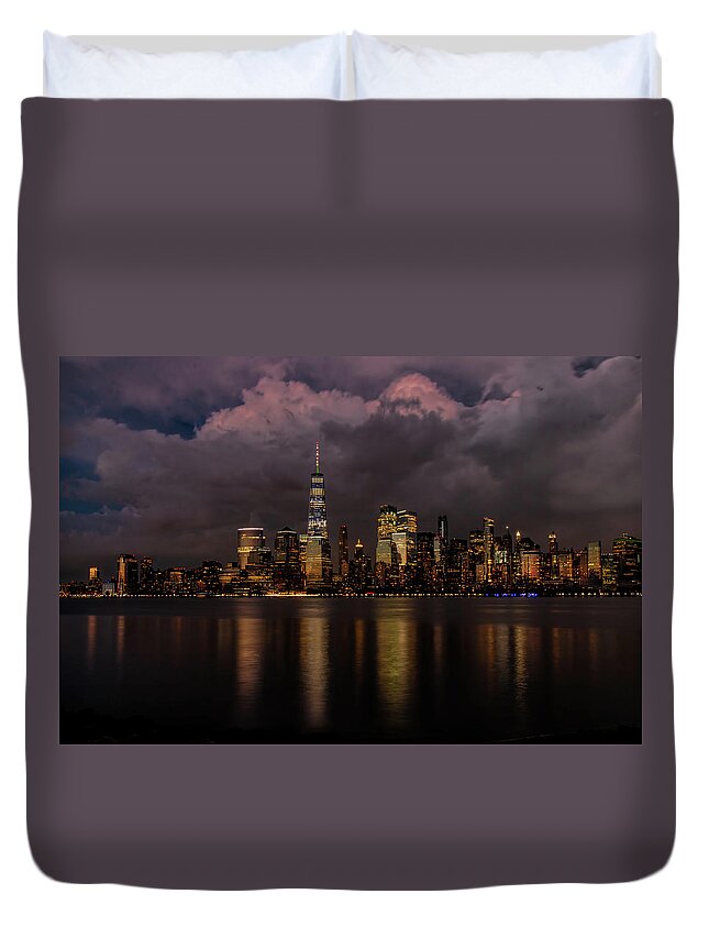 New York City Duvet Cover featuring the photograph Stormy Skies Over NYC by Kristia Adams