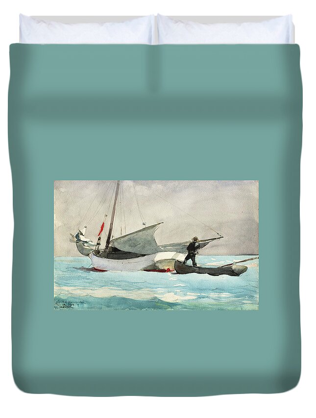  Ocean Duvet Cover featuring the painting Stowing Sail, 1903 by Winslow Homer