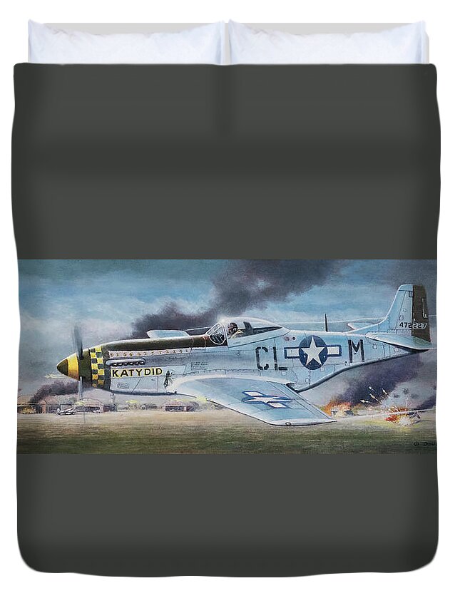 Aviation Duvet Cover featuring the painting Strafing Mustang by Douglas Castleman