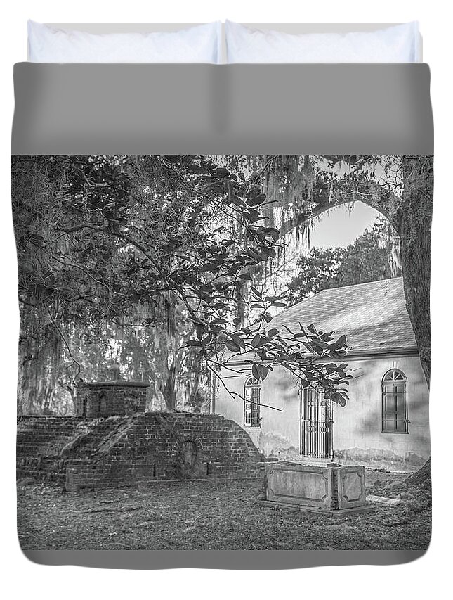 Chapel Duvet Cover featuring the photograph Strawberry Chapel in Black and White 3 by Cindy Robinson